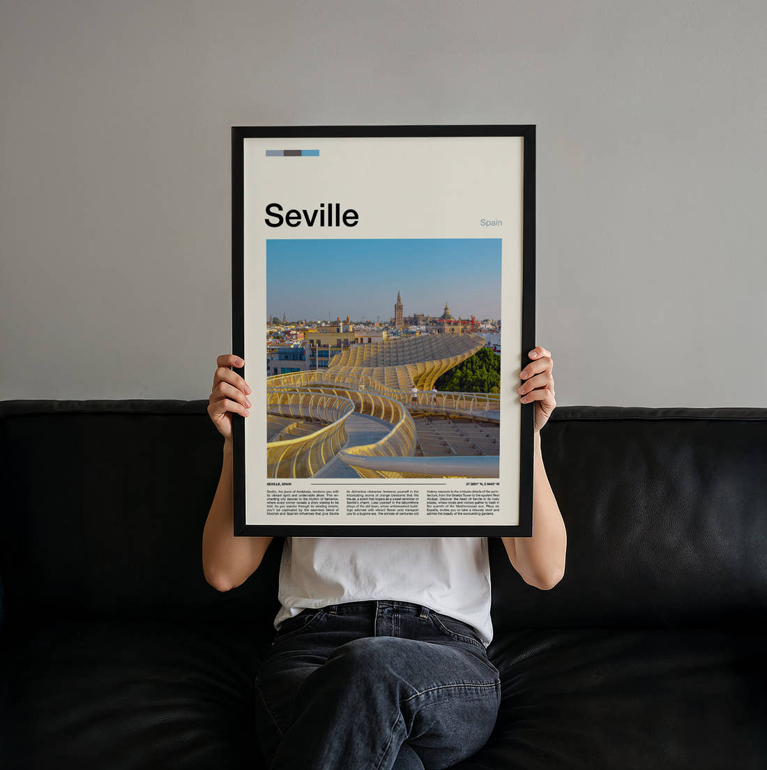 Seville Metropol Parasol Travel Print held up by hand to show the size of the print