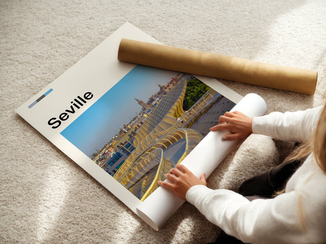 Seville Metropol Parasol Travel Print being unrolled from its postal tube