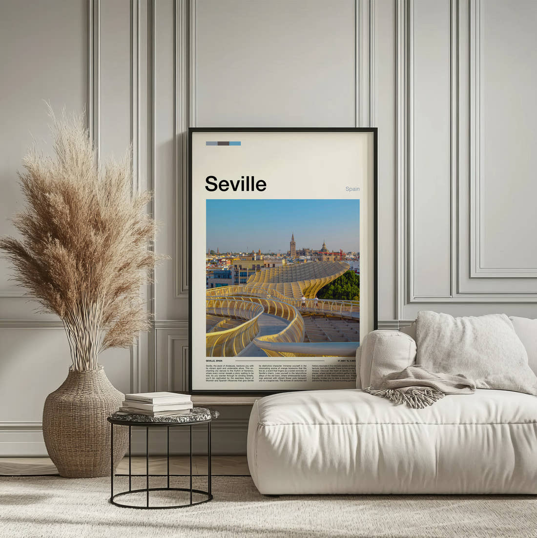 Seville Metropol Parasol Travel Print framed on the wall of a calm, neutral bedroom
