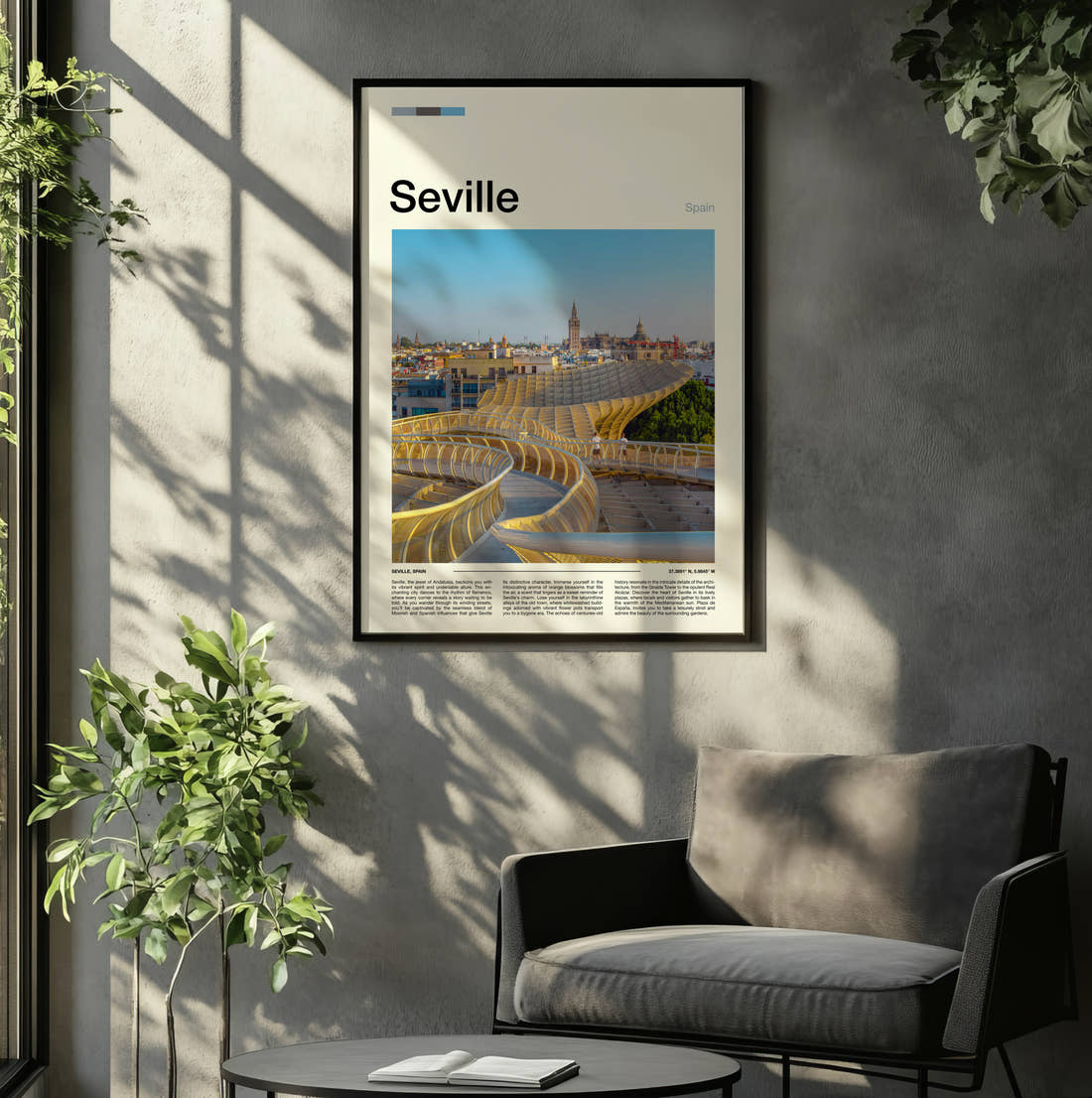 Seville Metropol Parasol Travel Print framed on the wall of a relaxed living room