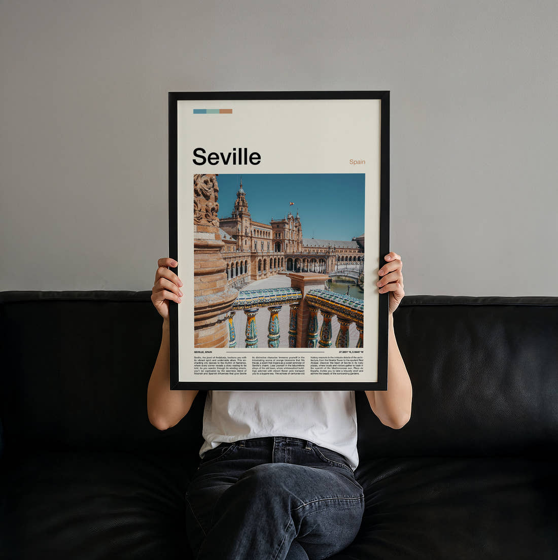 Seville Plaza De Espana Travel Print held up by hand to show the size of the print