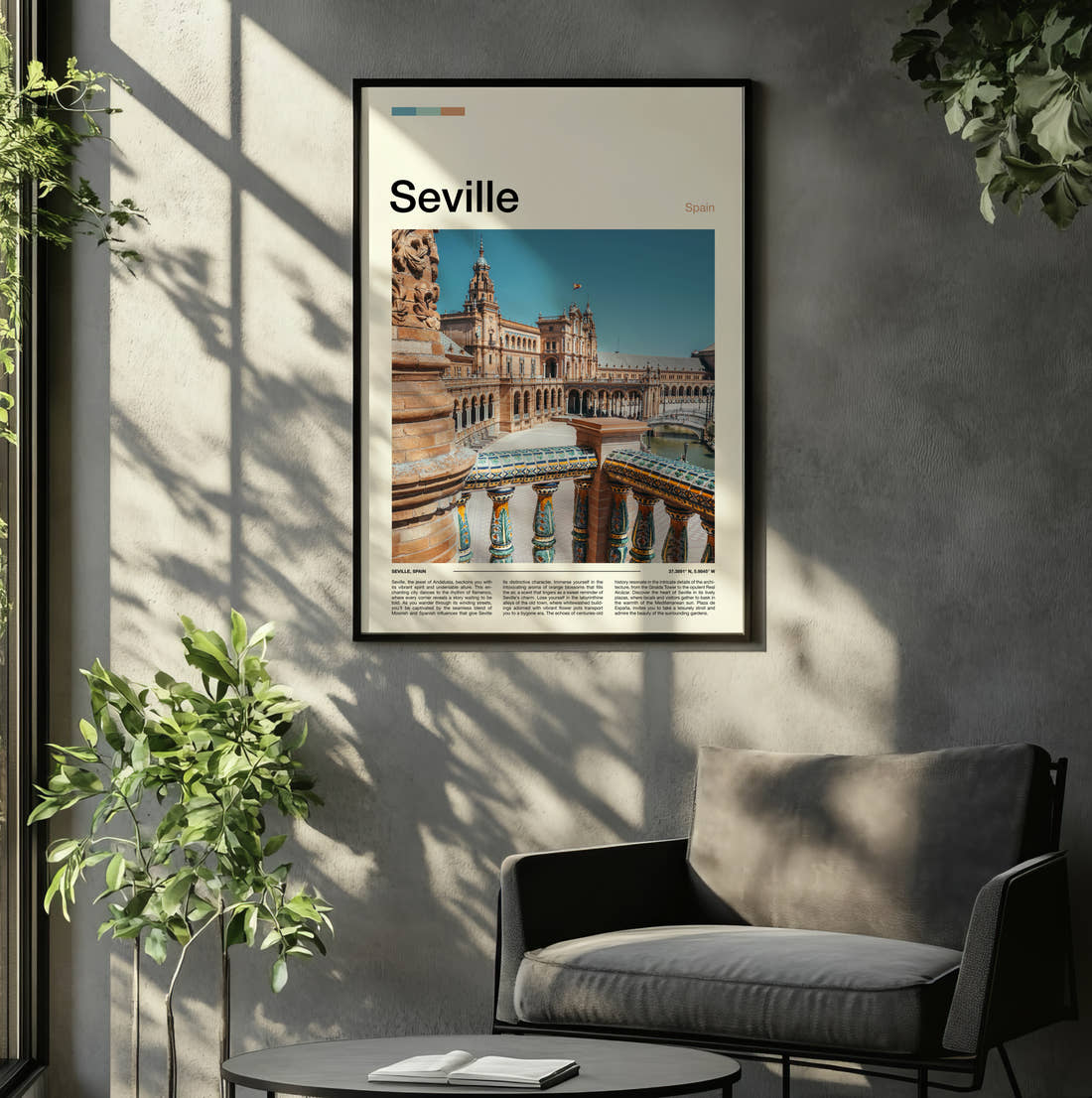 Seville Plaza De Espana Travel Print framed on the wall of a relaxed living room