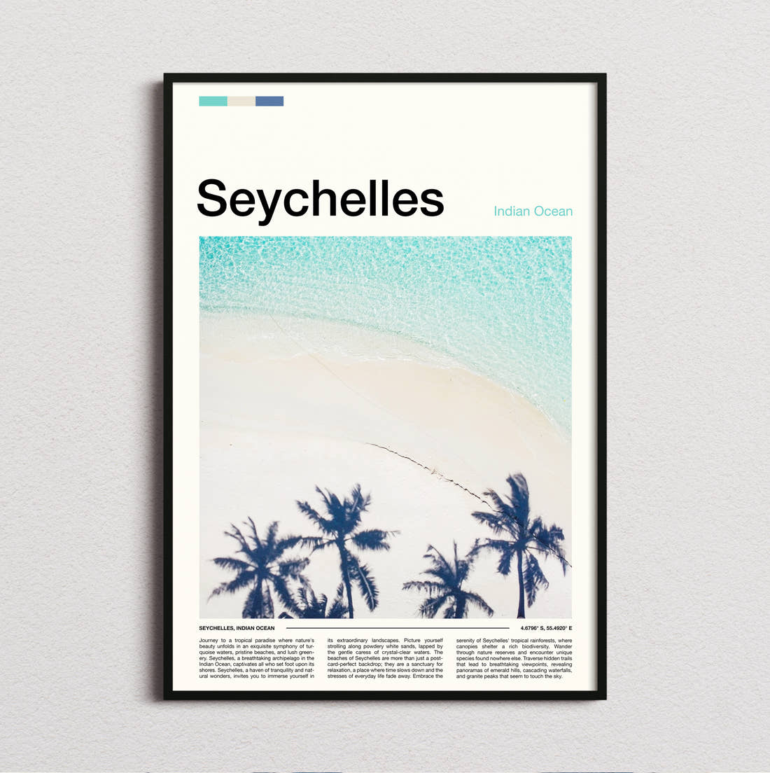 Seychelles Palms And Turquoise Sea Travel Print framed and photographed straight on