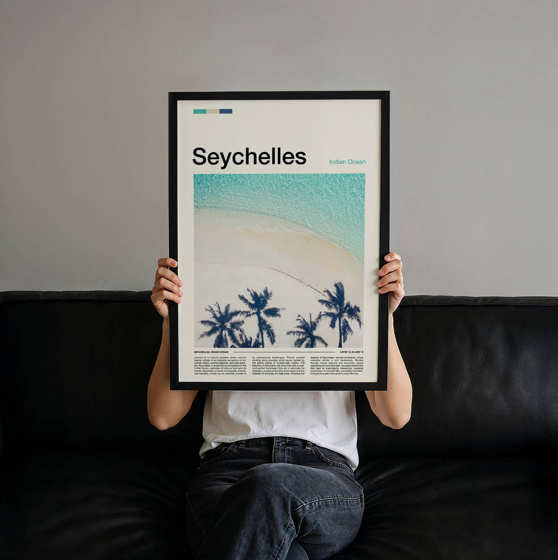 Seychelles Palms And Turquoise Sea Travel Print held up by hand to show the size of the print