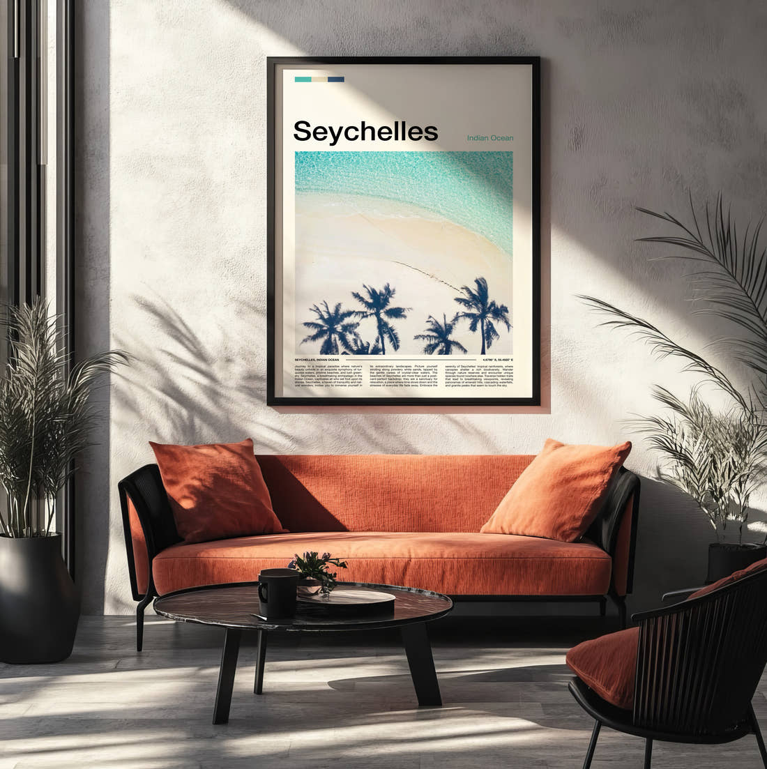 Seychelles Palms And Turquoise Sea Travel Print framed on the wall of a modern living room