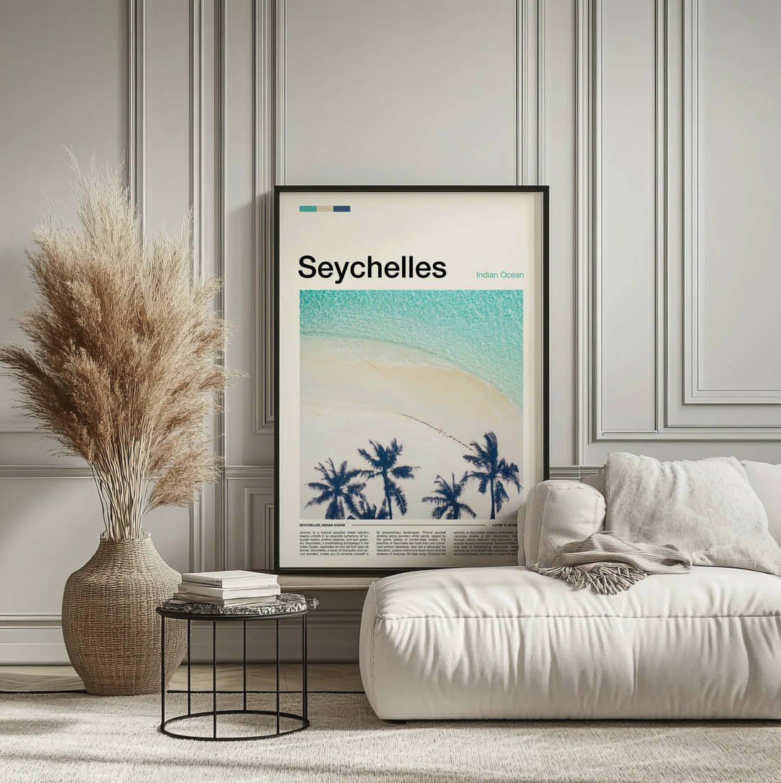 Seychelles Palms And Turquoise Sea Travel Print framed on the wall of a calm, neutral bedroom