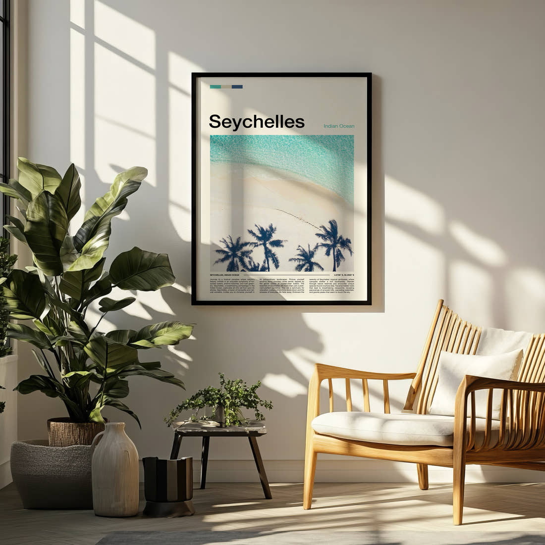 Seychelles Palms And Turquoise Sea Travel Print framed on a pale wall beside houseplants