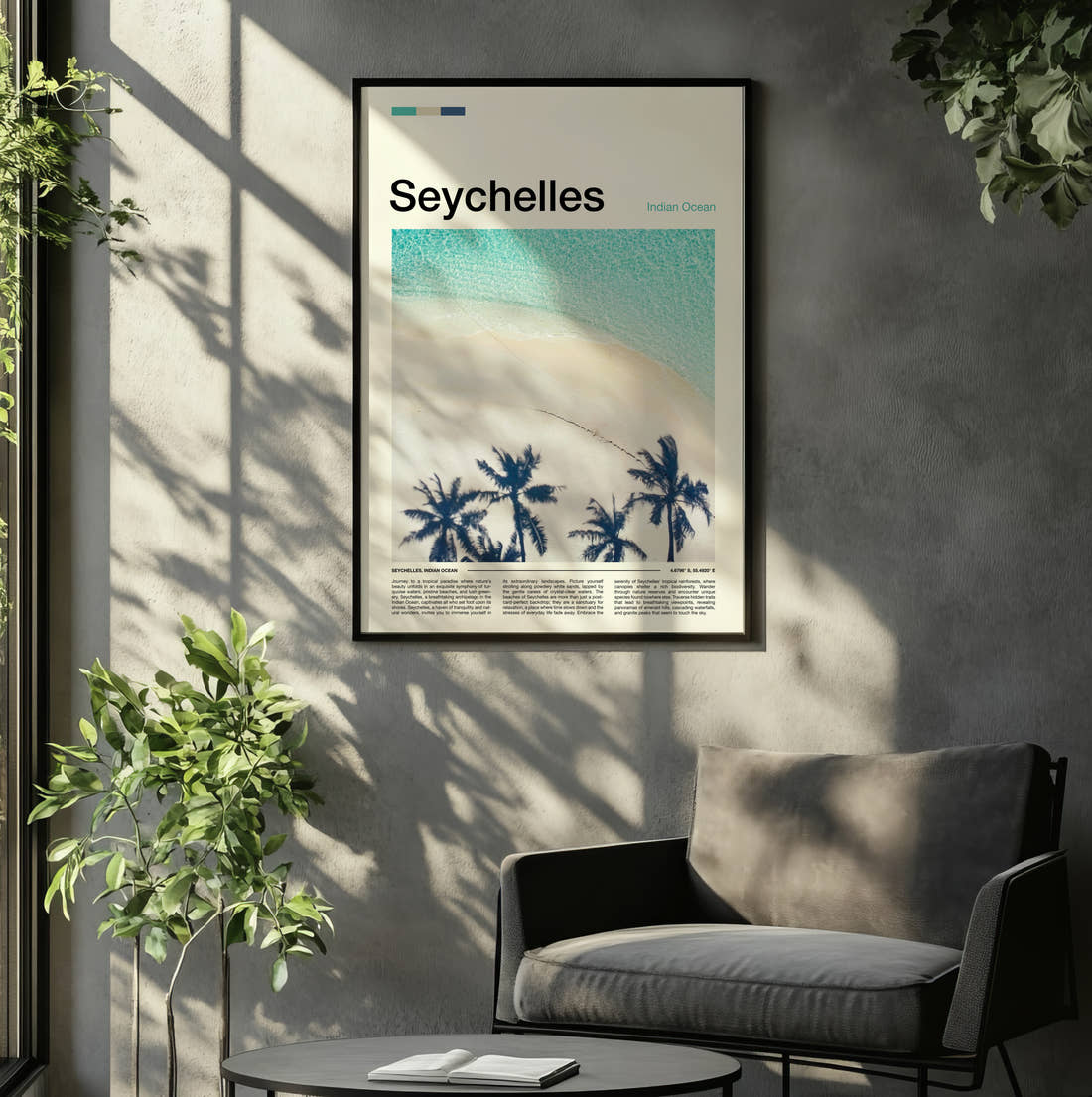 Seychelles Palms And Turquoise Sea Travel Print framed on the wall of a relaxed living room