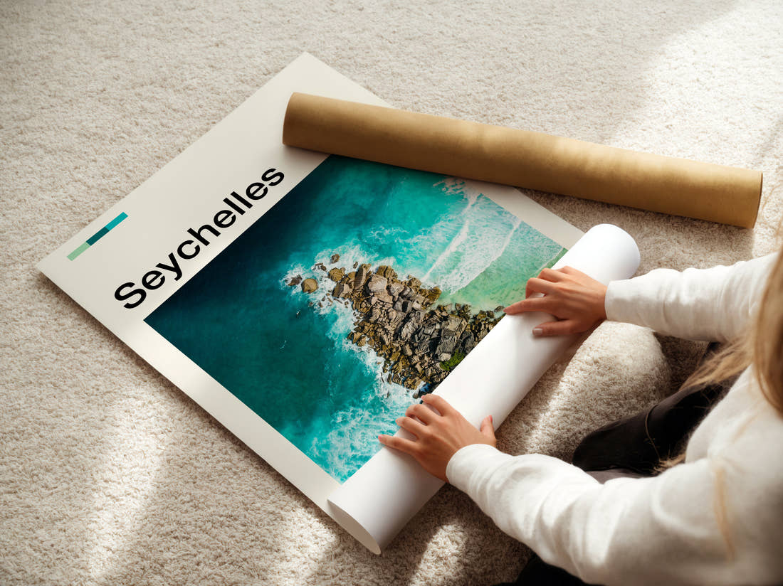 Seychelles Aerial Rocky Shoreline Travel Print being unrolled from its postal tube