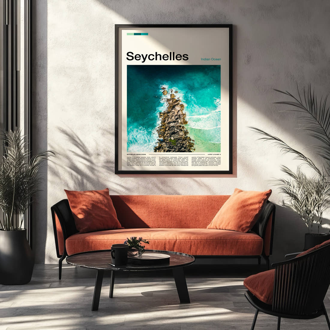 Seychelles Aerial Rocky Shoreline Travel Print framed on the wall of a modern living room