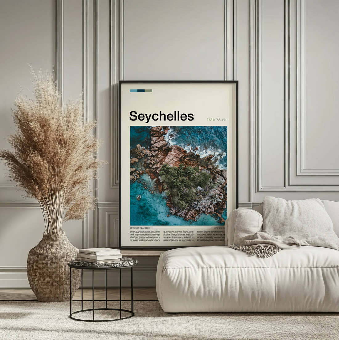 Seychelles Aerial Rocky Coast Travel Print framed on the wall of a calm, neutral bedroom