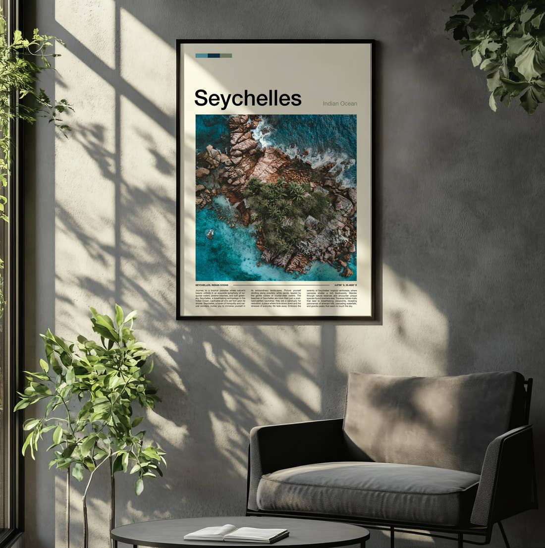 Seychelles Aerial Rocky Coast Travel Print framed on the wall of a relaxed living room