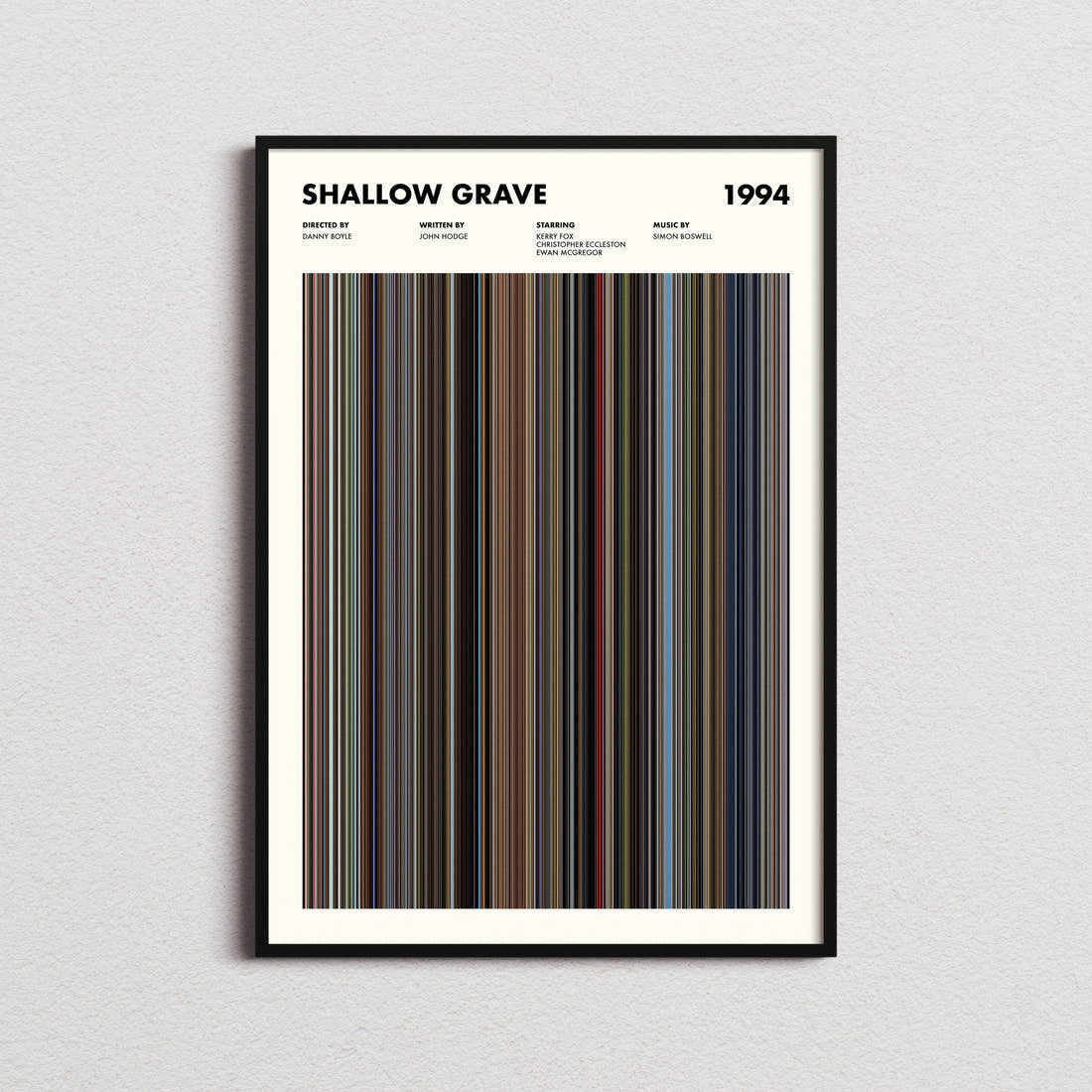 Shallow Grave Movie Barcode Poster framed on a plain studio wall
