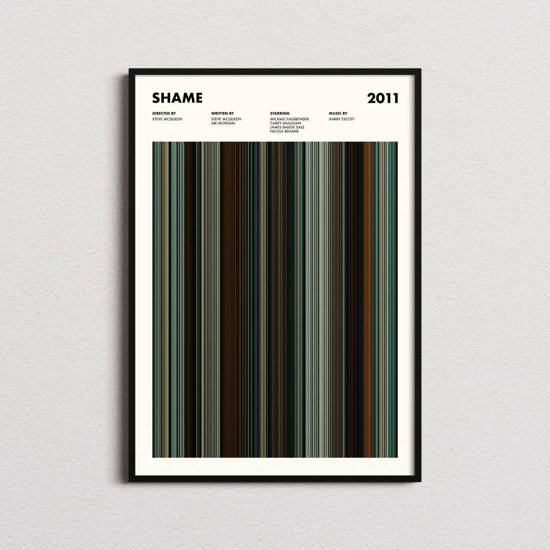 Shame Movie Barcode Poster framed on a plain studio wall