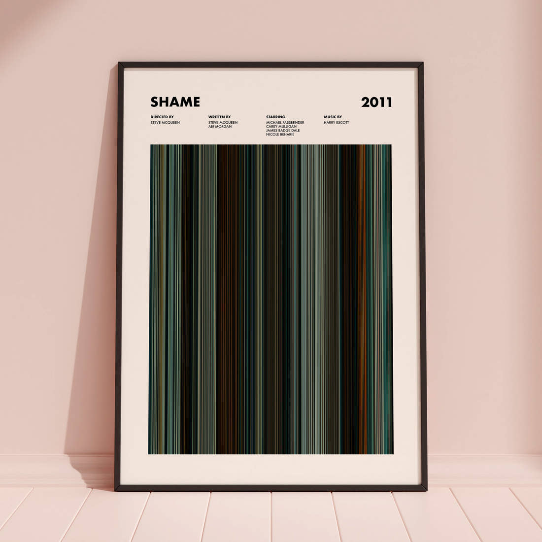 Shame Movie Barcode Poster framed and leaning against a coloured wall