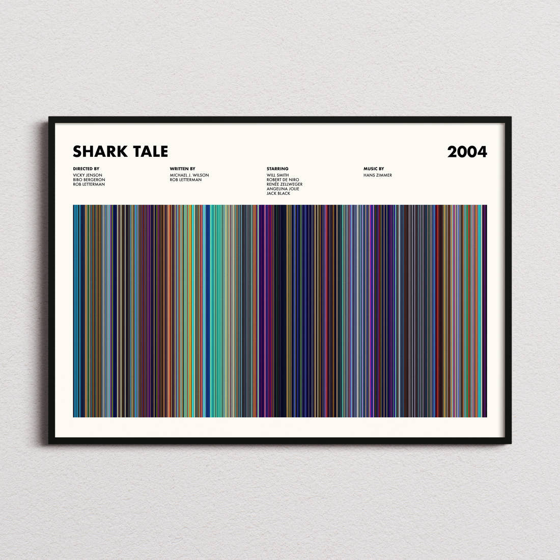 Shark Tale Movie Barcode Poster framed and photographed straight on