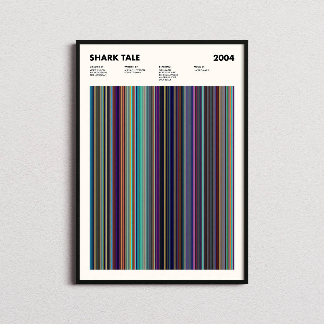 Shark Tale Movie Barcode Poster framed on a plain studio wall