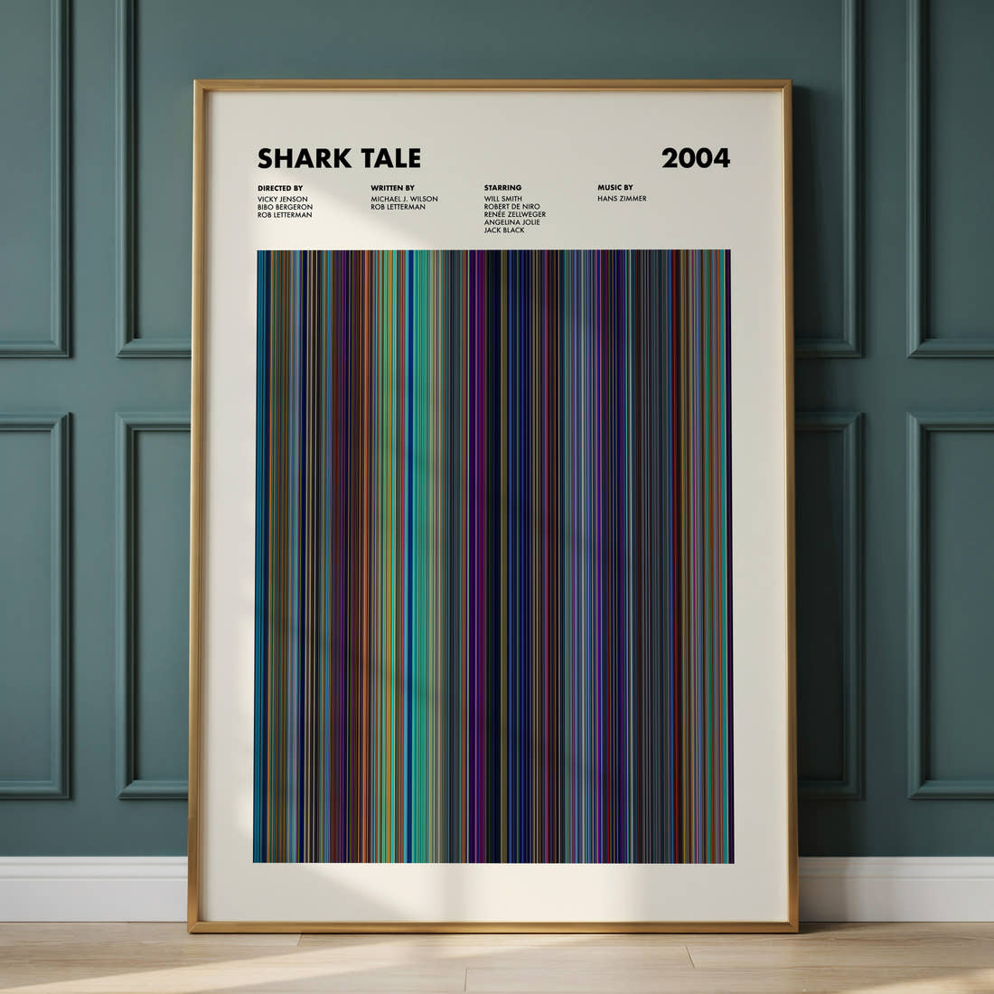 Shark Tale Movie Barcode Poster framed and leaning against a panelled wall