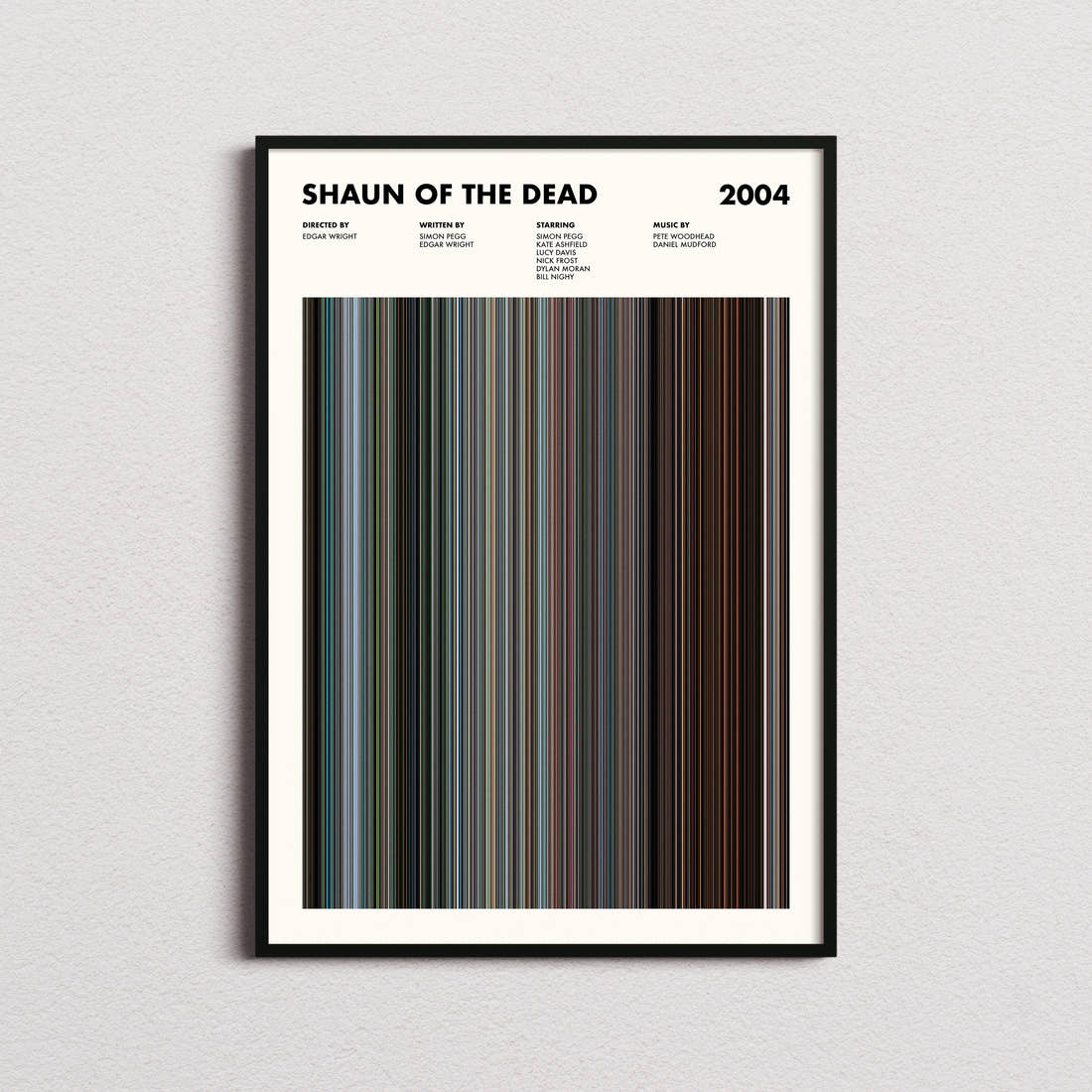Shaun of the Dead Movie Barcode Poster framed on a plain studio wall