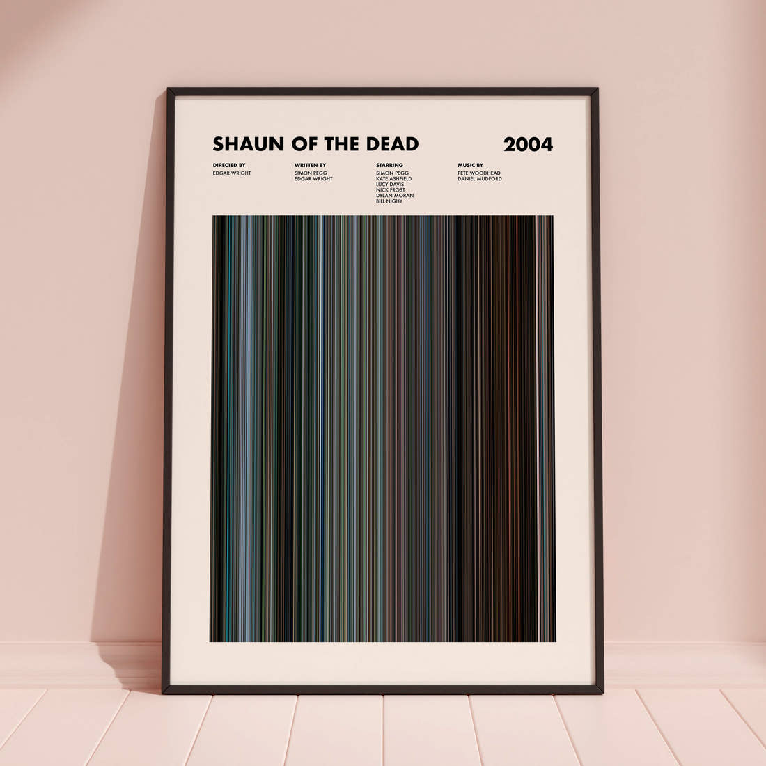 Shaun of the Dead Movie Barcode Poster framed and leaning against a coloured wall