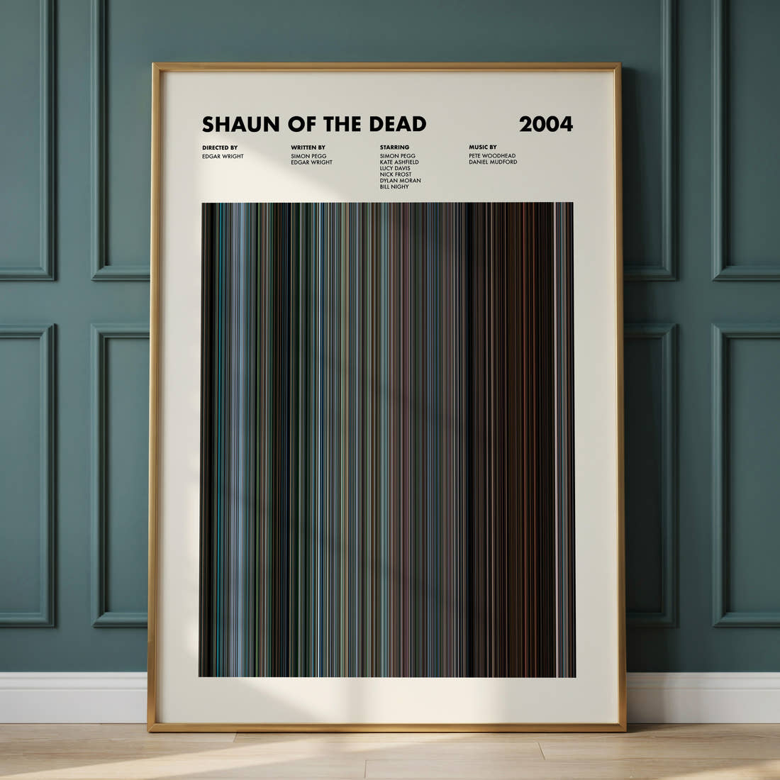 Shaun of the Dead Movie Barcode Poster framed and leaning against a panelled wall