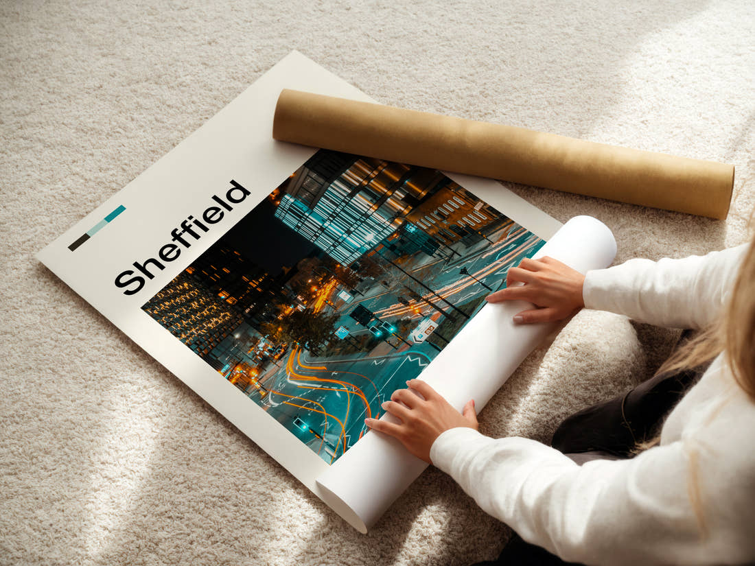 Sheffield Night Traffic Trails Travel Print being unrolled from its postal tube