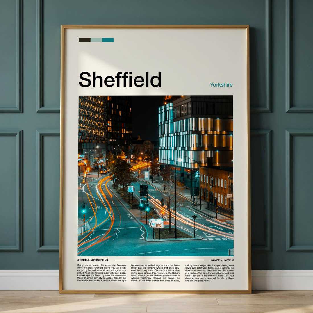 Sheffield Night Traffic Trails Travel Print framed on the wall of a calm, neutral bedroom