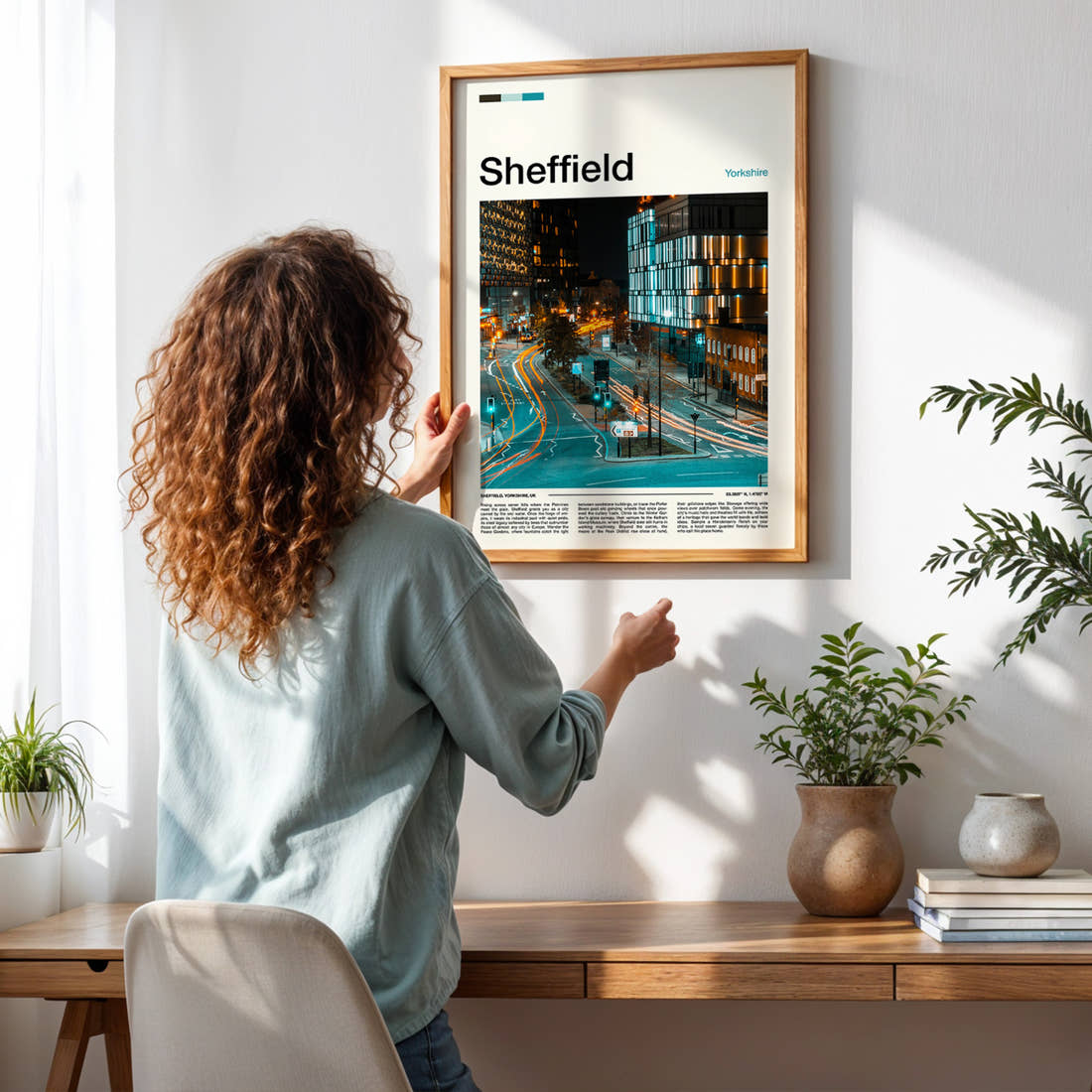 Sheffield Night Traffic Trails Travel Print framed on a pale wall beside houseplants