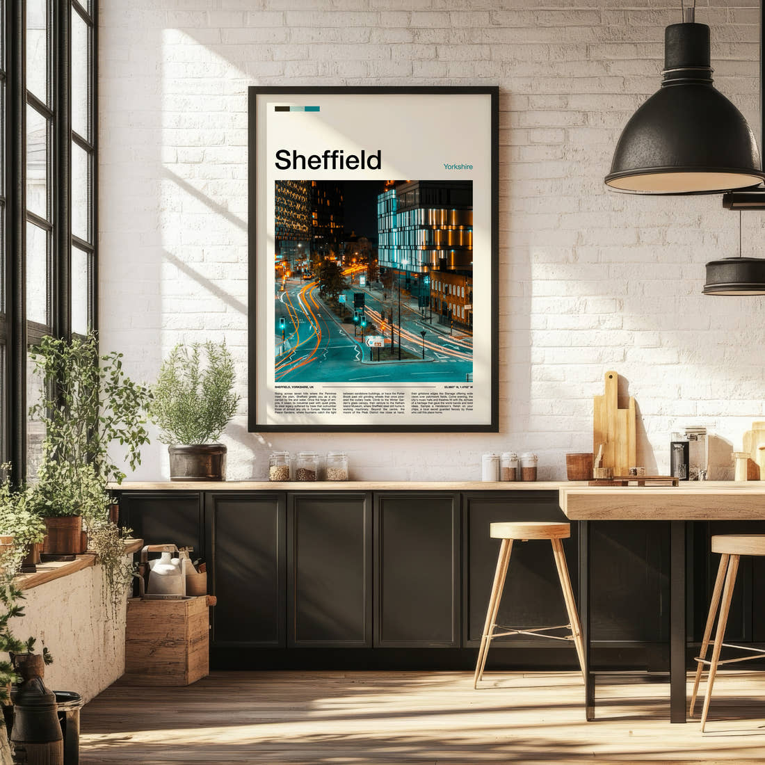 Sheffield Night Traffic Trails Travel Print framed on the wall of a bright kitchen and dining space