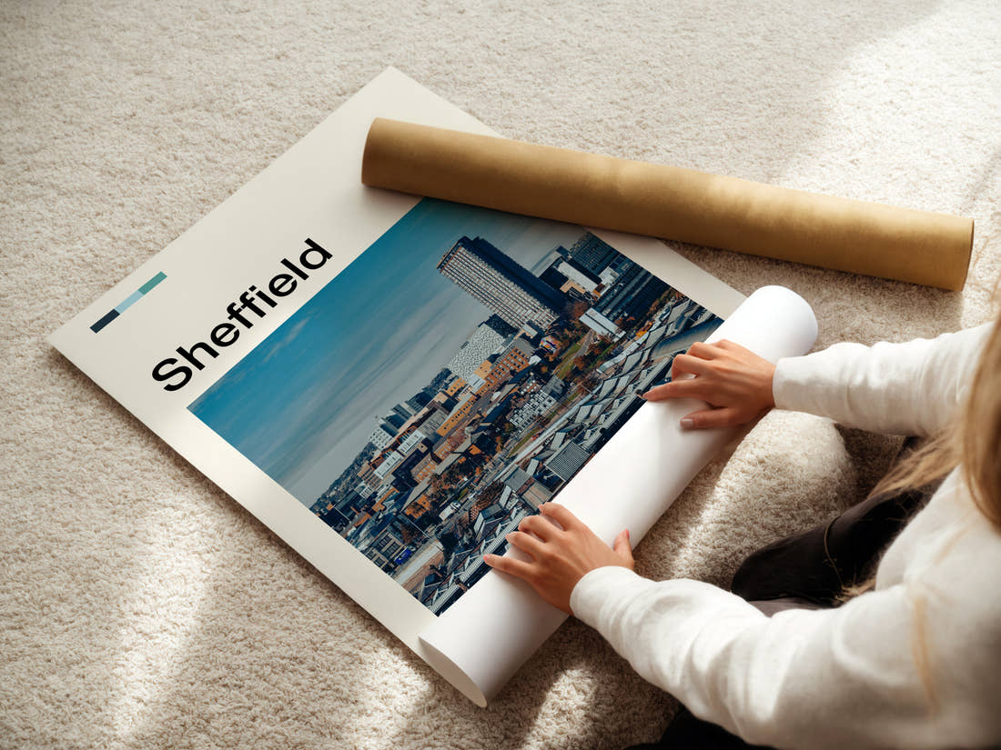 Sheffield City Skyline View Travel Print being unrolled from its postal tube