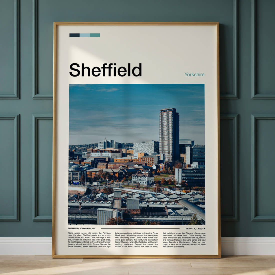 Sheffield City Skyline View Travel Print framed on the wall of a calm, neutral bedroom