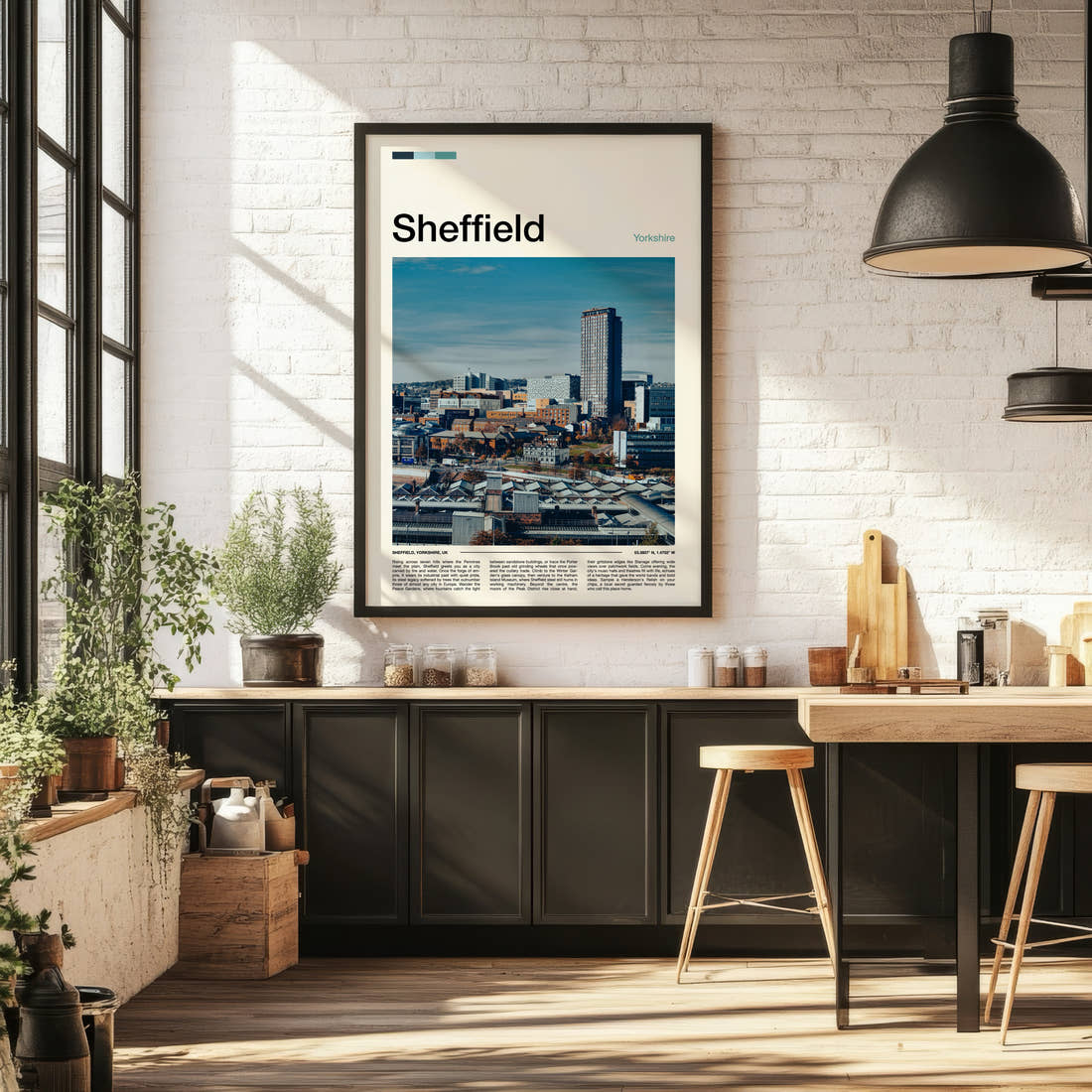 Sheffield City Skyline View Travel Print framed on the wall of a bright kitchen and dining space