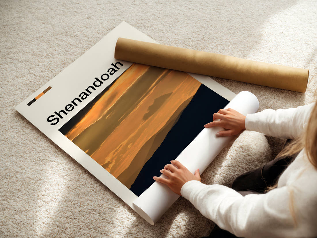 Shenandoah Mountain Ridges At Sunset Travel Print being unrolled from its postal tube