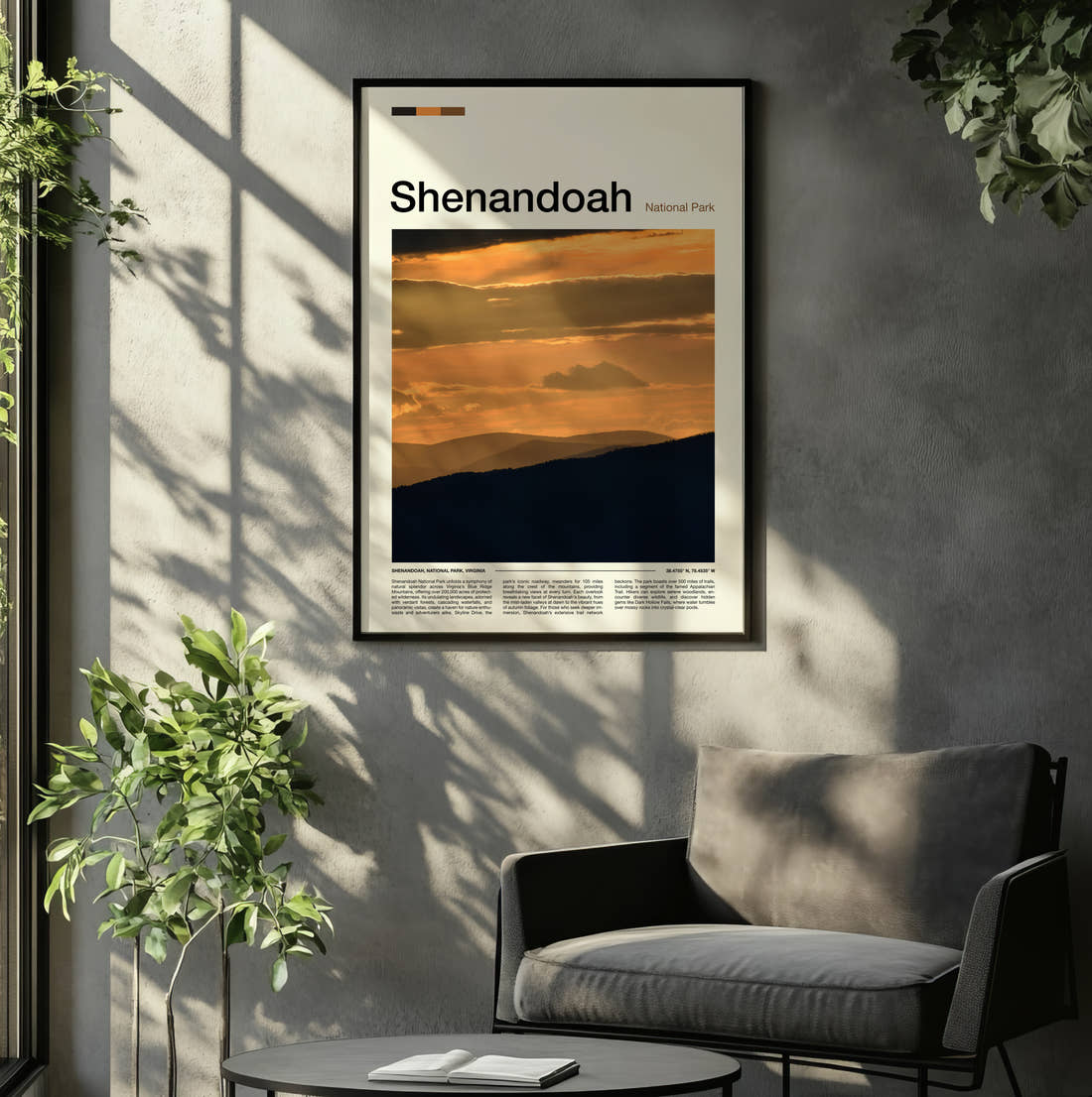 Shenandoah Mountain Ridges At Sunset Travel Print framed on the wall of a relaxed living room