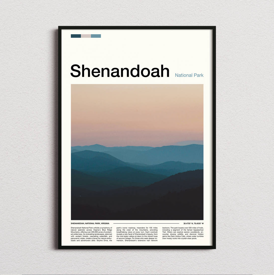 Shenandoah Hazy Blue Ridges Travel Print framed and photographed straight on