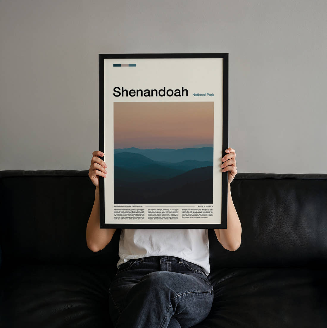 Shenandoah Hazy Blue Ridges Travel Print held up by hand to show the size of the print