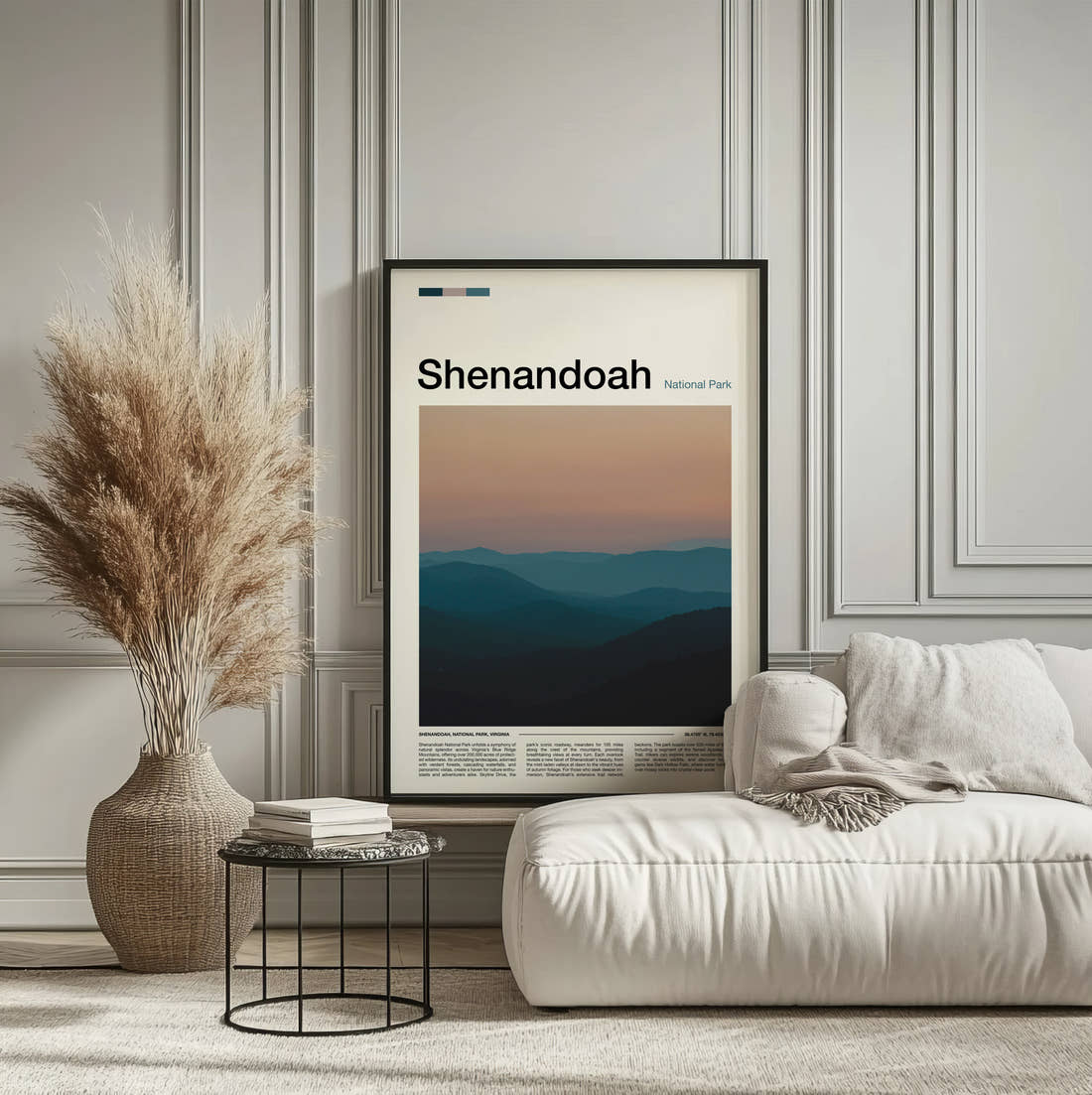 Shenandoah Hazy Blue Ridges Travel Print framed on the wall of a calm, neutral bedroom