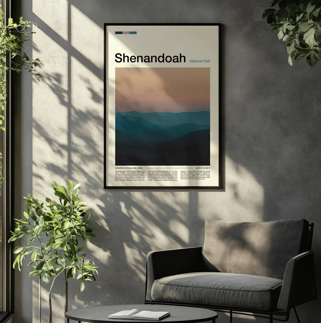 Shenandoah Hazy Blue Ridges Travel Print framed on the wall of a relaxed living room