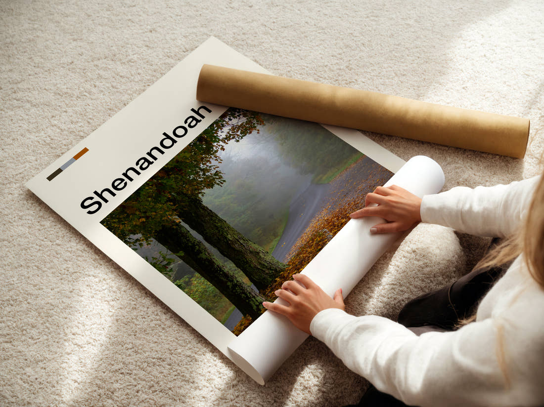 Shenandoah Misty Forest Road Travel Print being unrolled from its postal tube