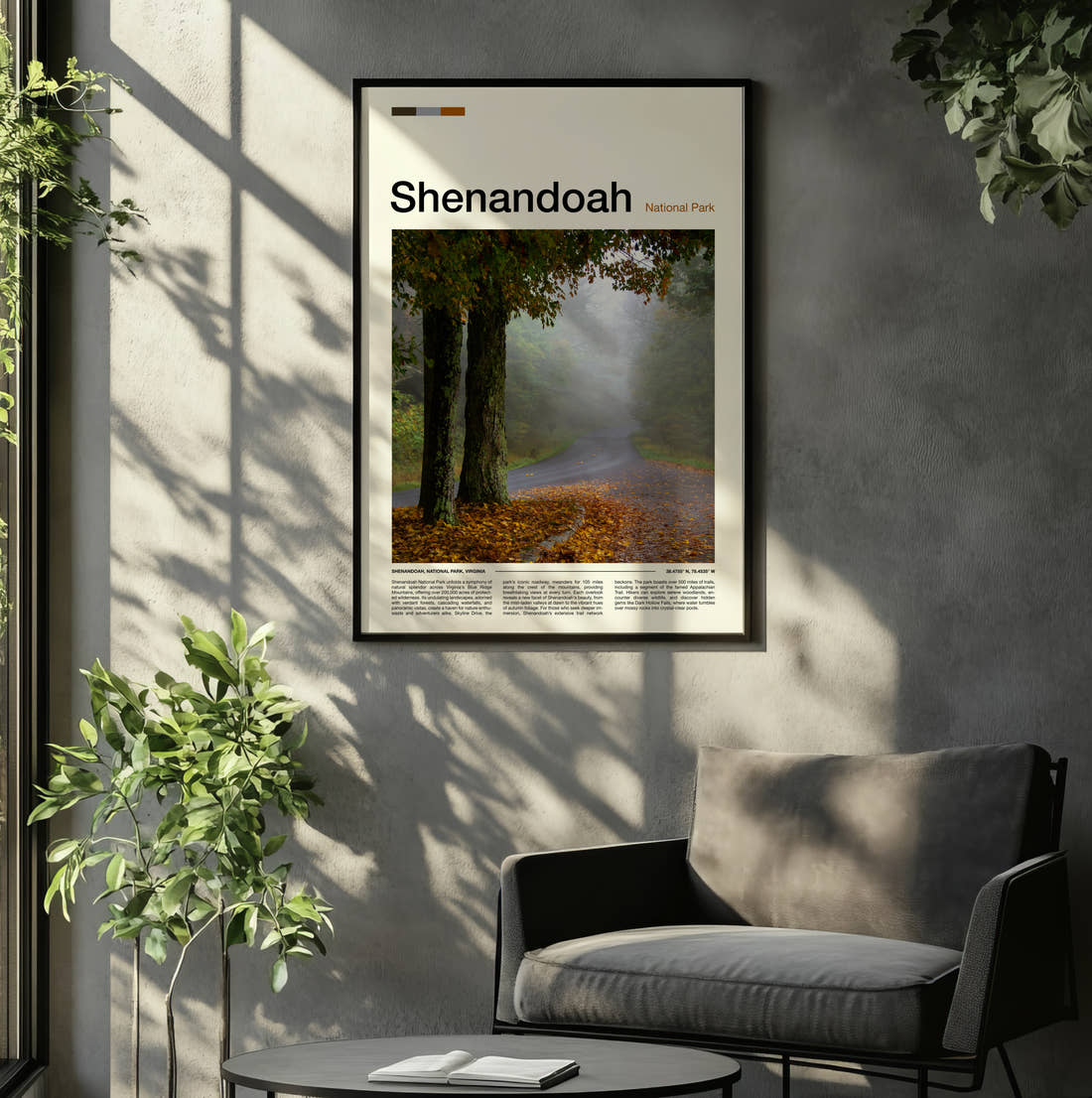 Shenandoah Misty Forest Road Travel Print framed on the wall of a relaxed living room