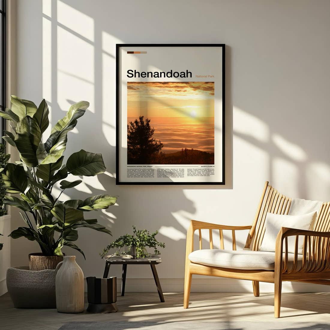 Shenandoah Sunrise Over The Valley Travel Print framed on a pale wall beside houseplants