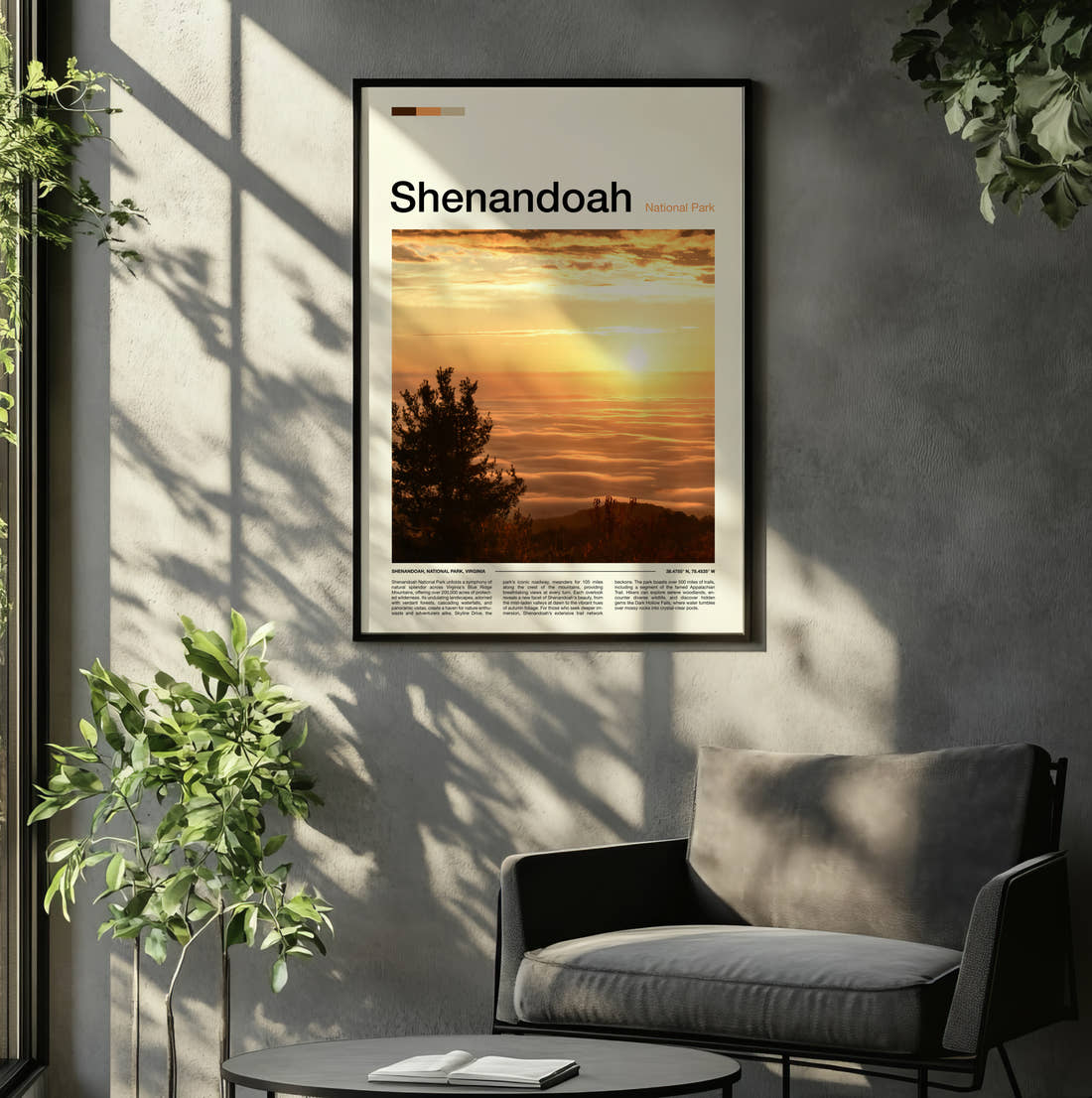 Shenandoah Sunrise Over The Valley Travel Print framed on the wall of a relaxed living room