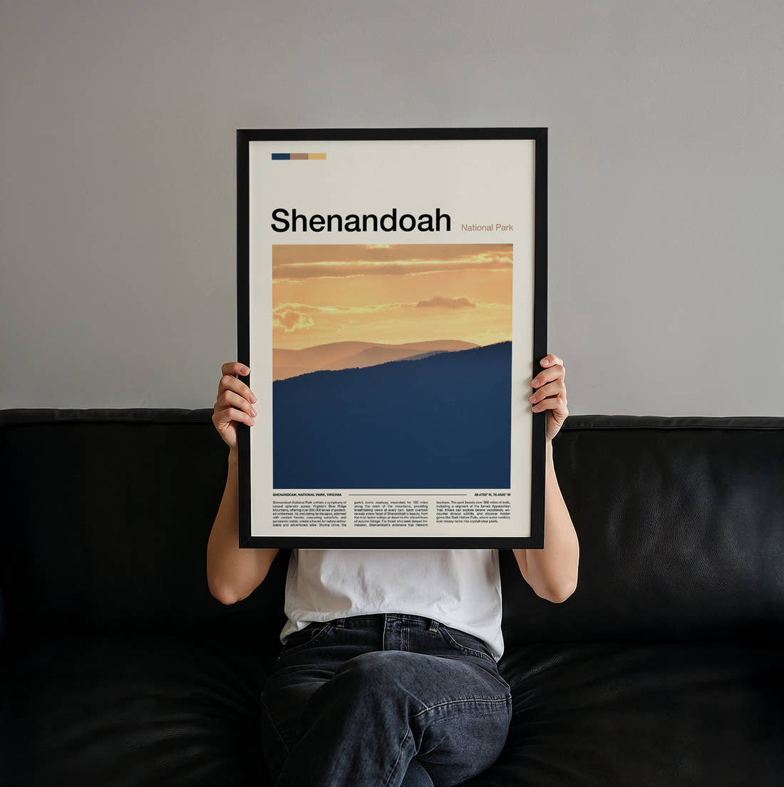 Shenandoah Layered Blue Hills Travel Print held up by hand to show the size of the print