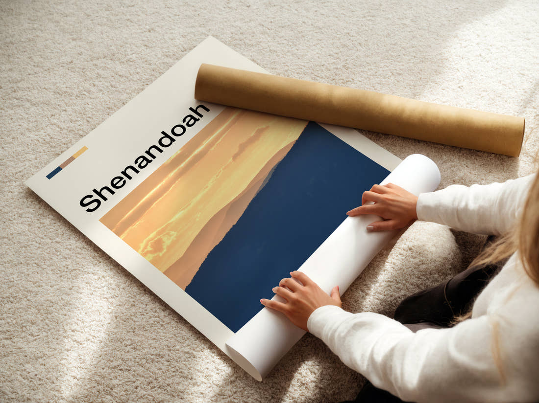 Shenandoah Layered Blue Hills Travel Print being unrolled from its postal tube