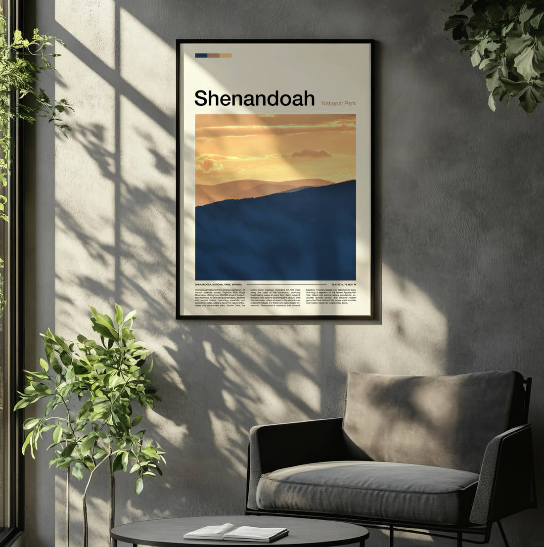 Shenandoah Layered Blue Hills Travel Print framed on the wall of a relaxed living room