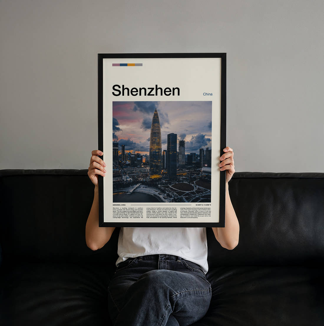 Shenzhen Travel Print held up by hand to show the size of the print