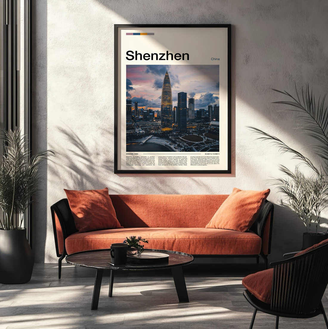 Shenzhen Travel Print framed on the wall of a modern living room