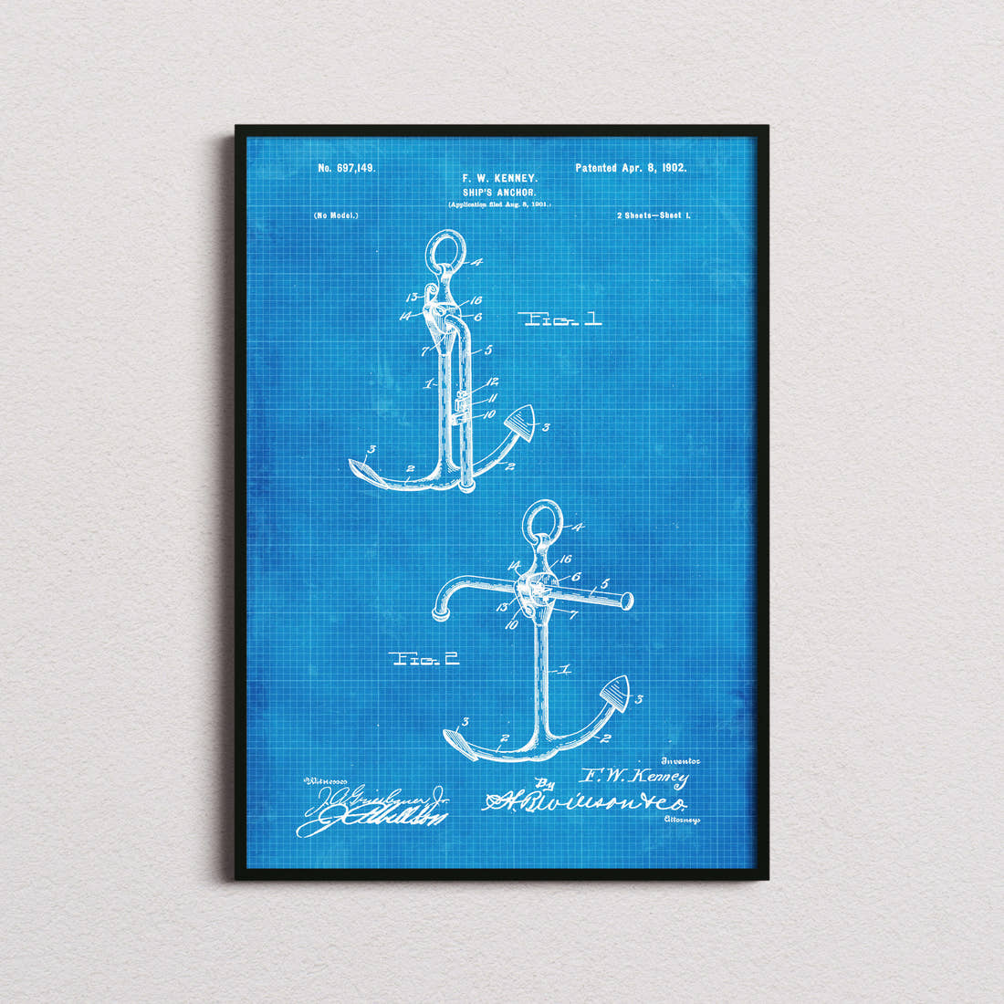 Ships Anchor Patent Print in the blueprint colourway, framed