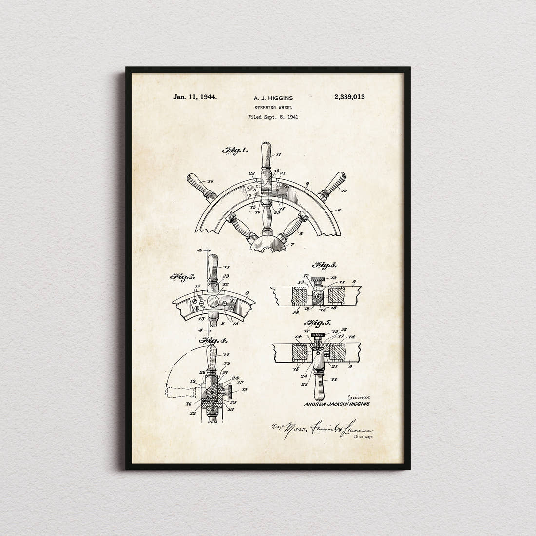 Ships Steering Wheel Patent Print in the aged paper colourway, framed