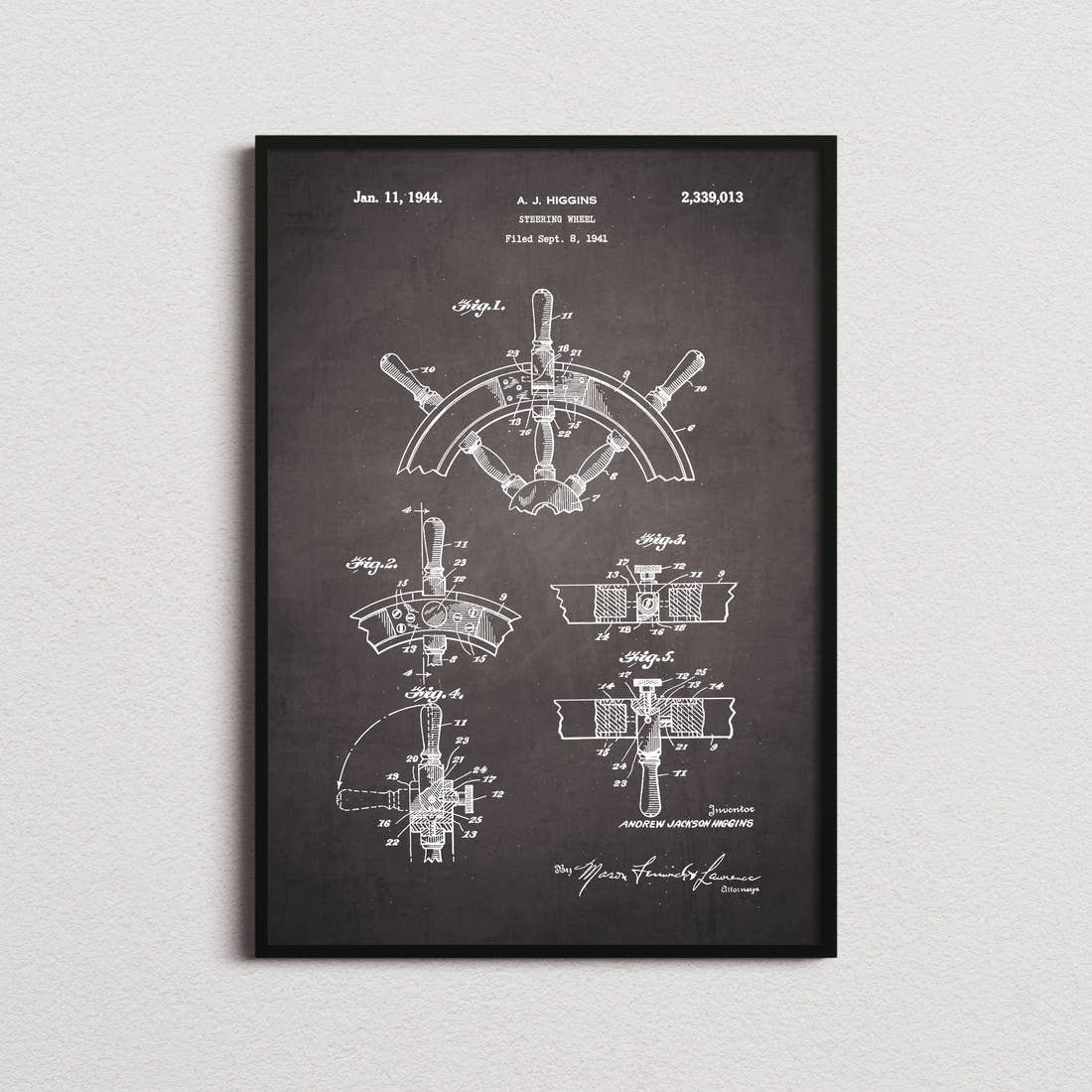 Ships Steering Wheel Patent Print in the blackboard colourway, framed